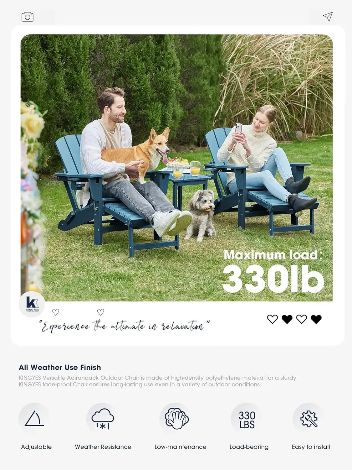 Folding Adjustable Adirondack Chairs with Ottoman & 2 Cup Holders