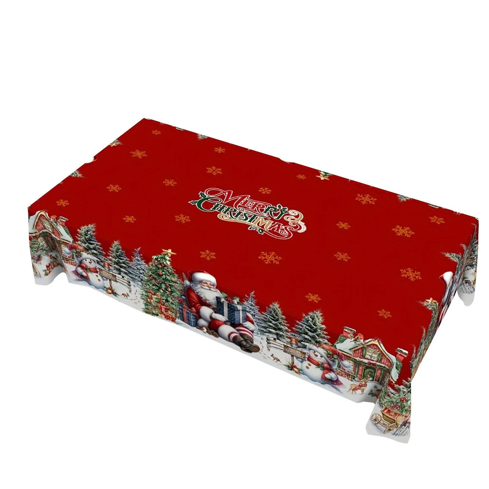 Christmas Tablecloth Featuring Red Snowmen And Christmas Decorations