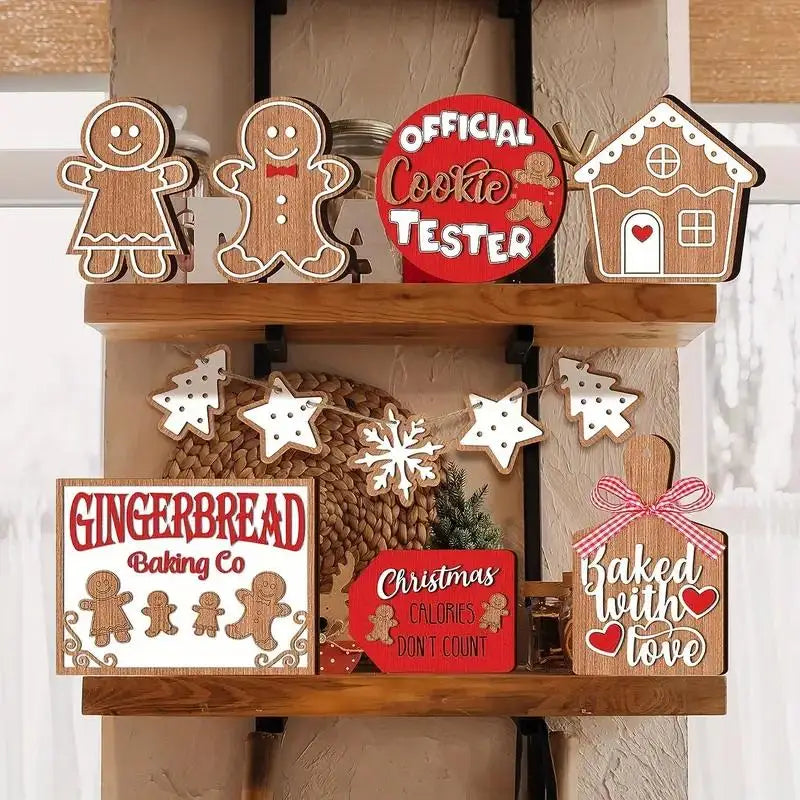 12-Piece Wooden Christmas Tray Set: Featuring Colorful Snowmen, Gingerbread, and Santa Signs for Festive Cheer