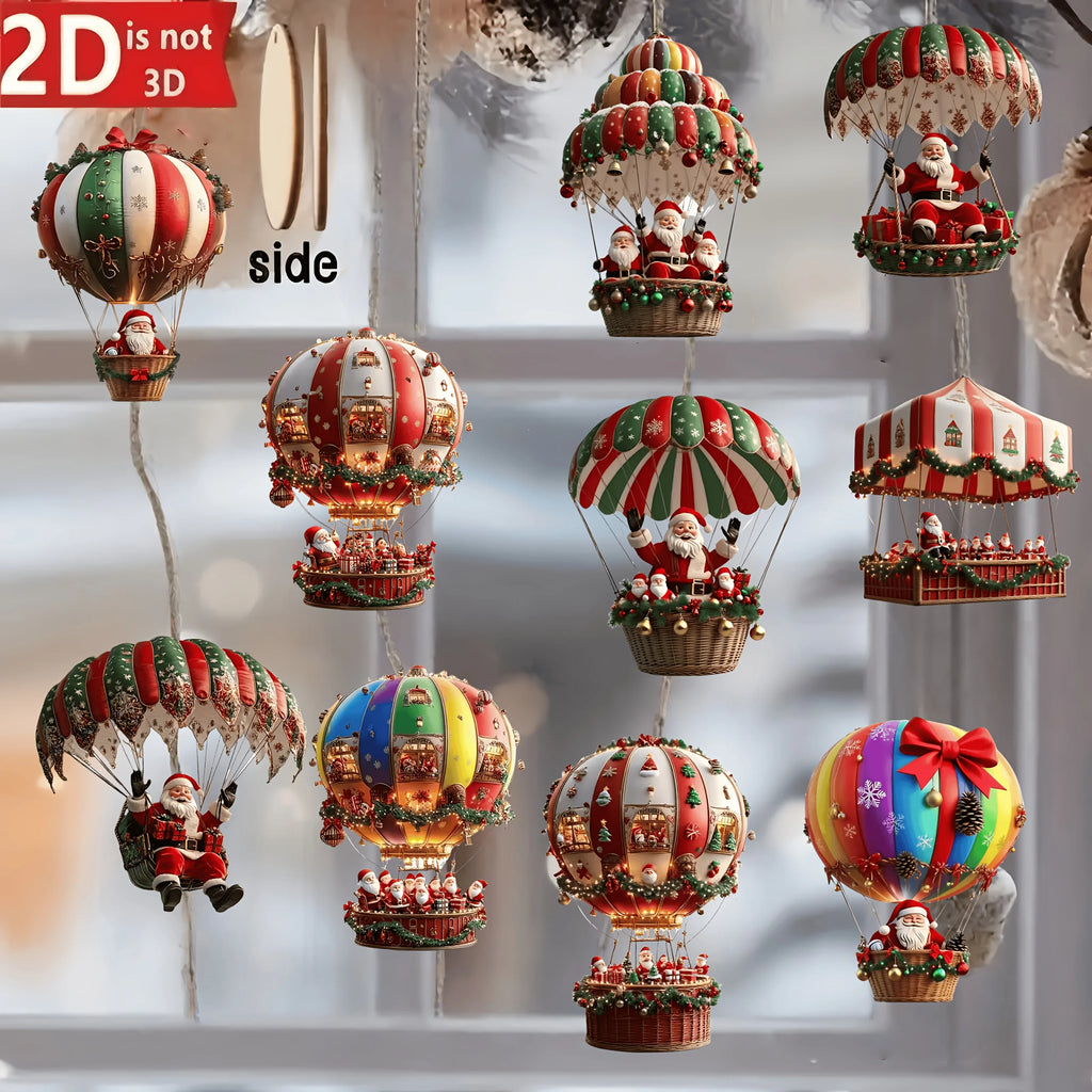 10Pcs 2D Wooden Hot Air Balloon Santa Claus  Pendant Christmas Tree Decoration