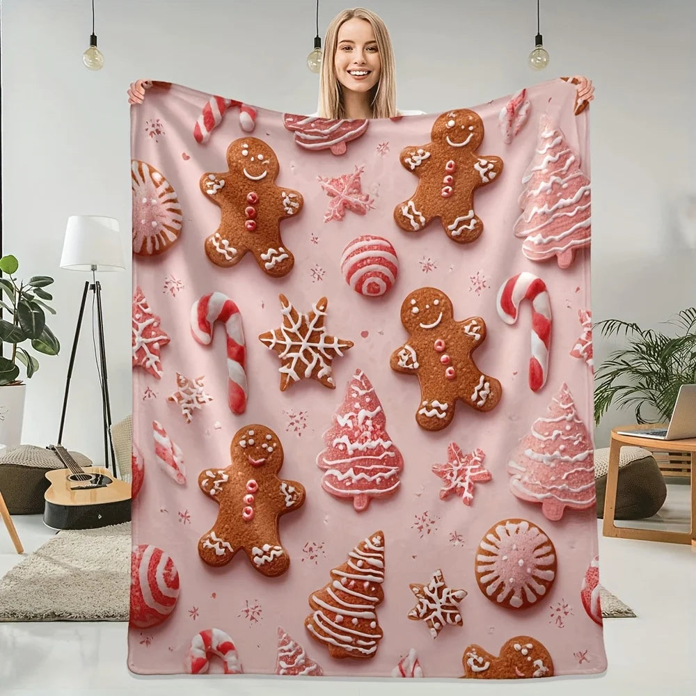 1pc Soft Pink Gingerbread men & Candy stripes Flannel Throw Blanket