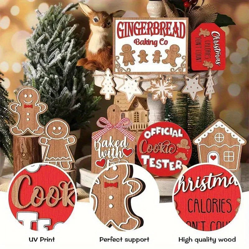 12-Piece Wooden Christmas Tray Set: Featuring Colorful Snowmen, Gingerbread, and Santa Signs for Festive Cheer