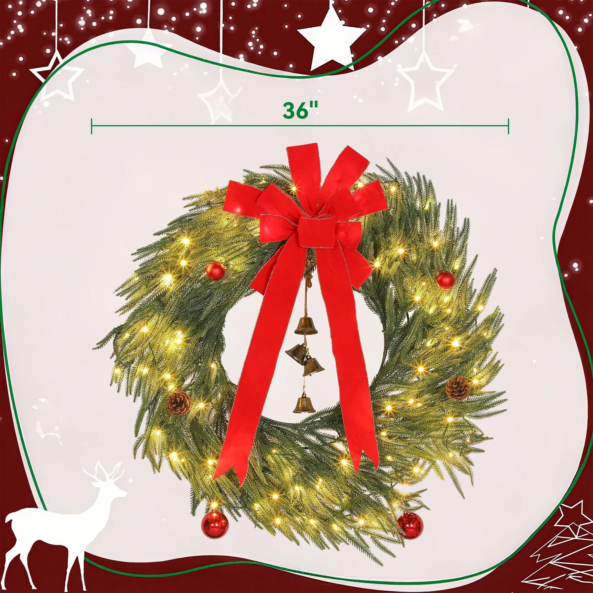 Homcom 36" Pre-Lit Christmas Wreath with 100 Led Lights