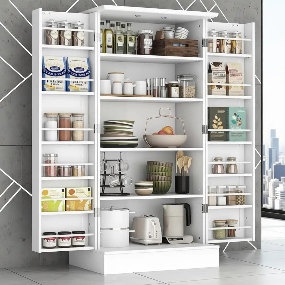 White Freestanding Pantry Cabinet with Doors and Adjustable Shelves