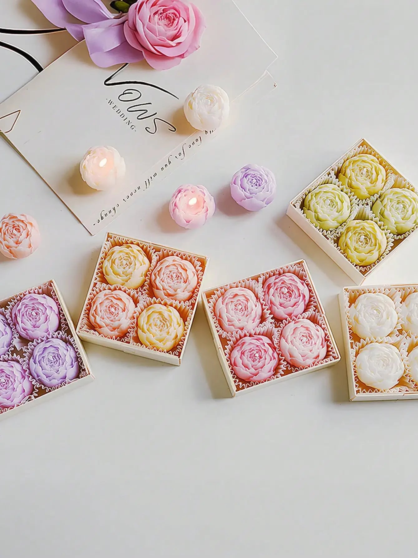 Rose Flower Shaped  Smokeless Soy Wax Candle Set of 4 Gift Box,