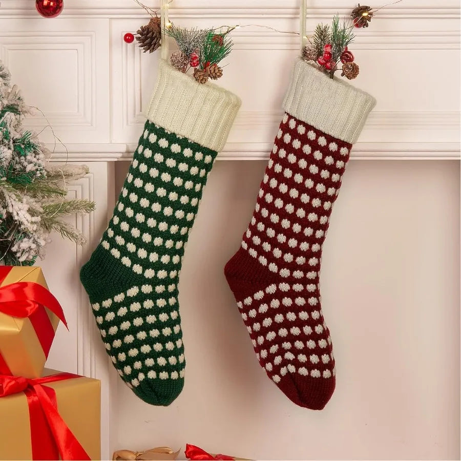 18 Unique Burgundy and Green Knit Christmas Stockings with Dots for Holiday Home Decor