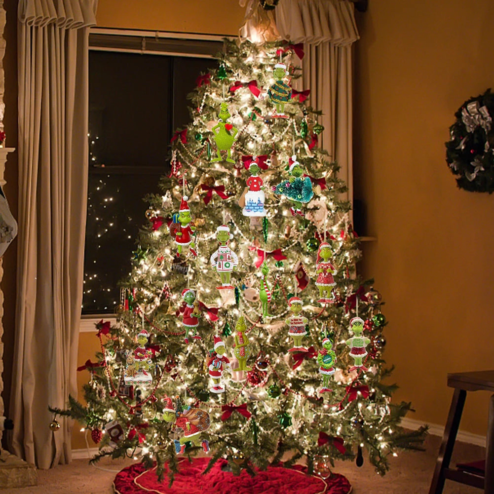 18Pcs 2D Acrylic Christmas Tree  Ornaments Cute Green Monsters