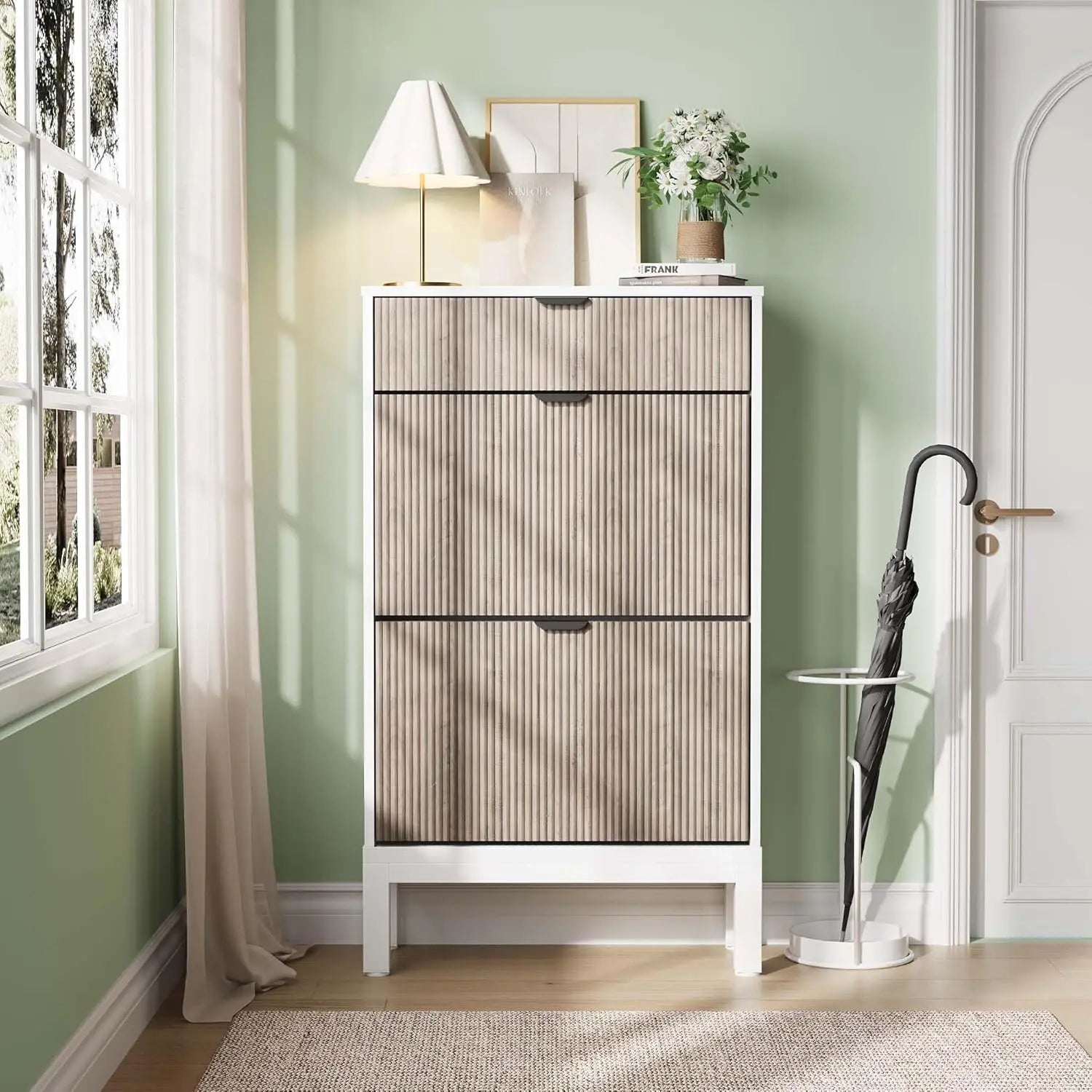 Freestanding Farmhouse Fluted Shoe Storage Cabinet Hidden Slim with 2 Flip Drawers and  Metal Legs