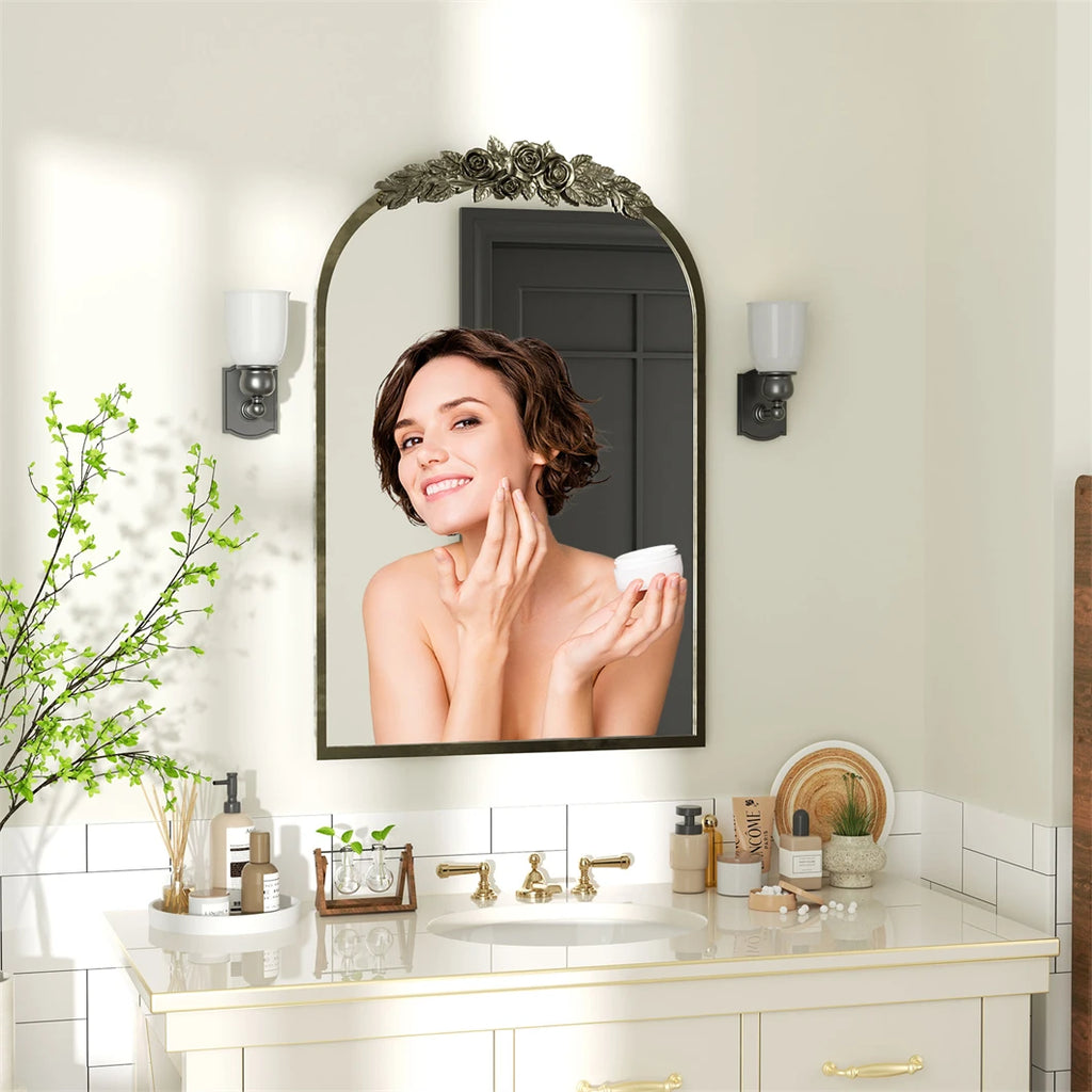 Arched Brass Mirror with Flower Relief Metal Edge Frame