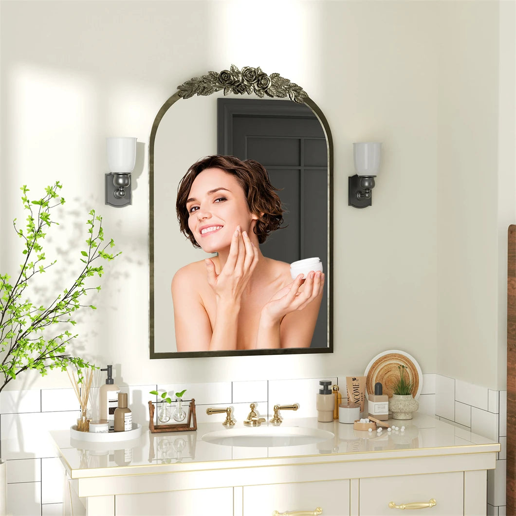 Arched Brass Mirror with Flower Relief Metal Edge Frame