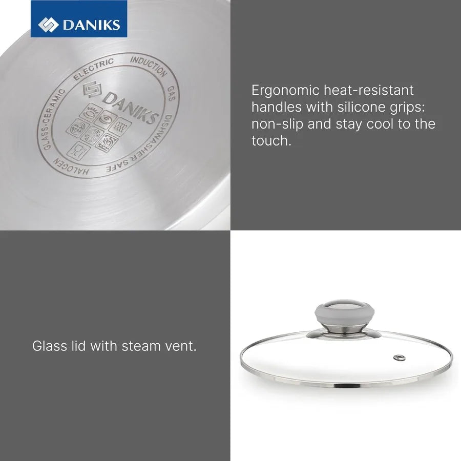 Stainless Steel Stock Pot with Glass Lid 3 Quart InductionCompatible Dishwasher Safe Cookware with Heatproof Handles