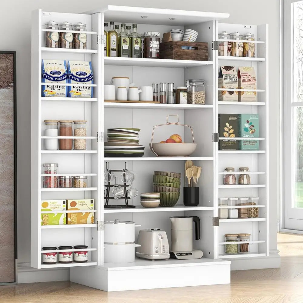 White Freestanding Pantry Cabinet with Doors and Adjustable Shelves
