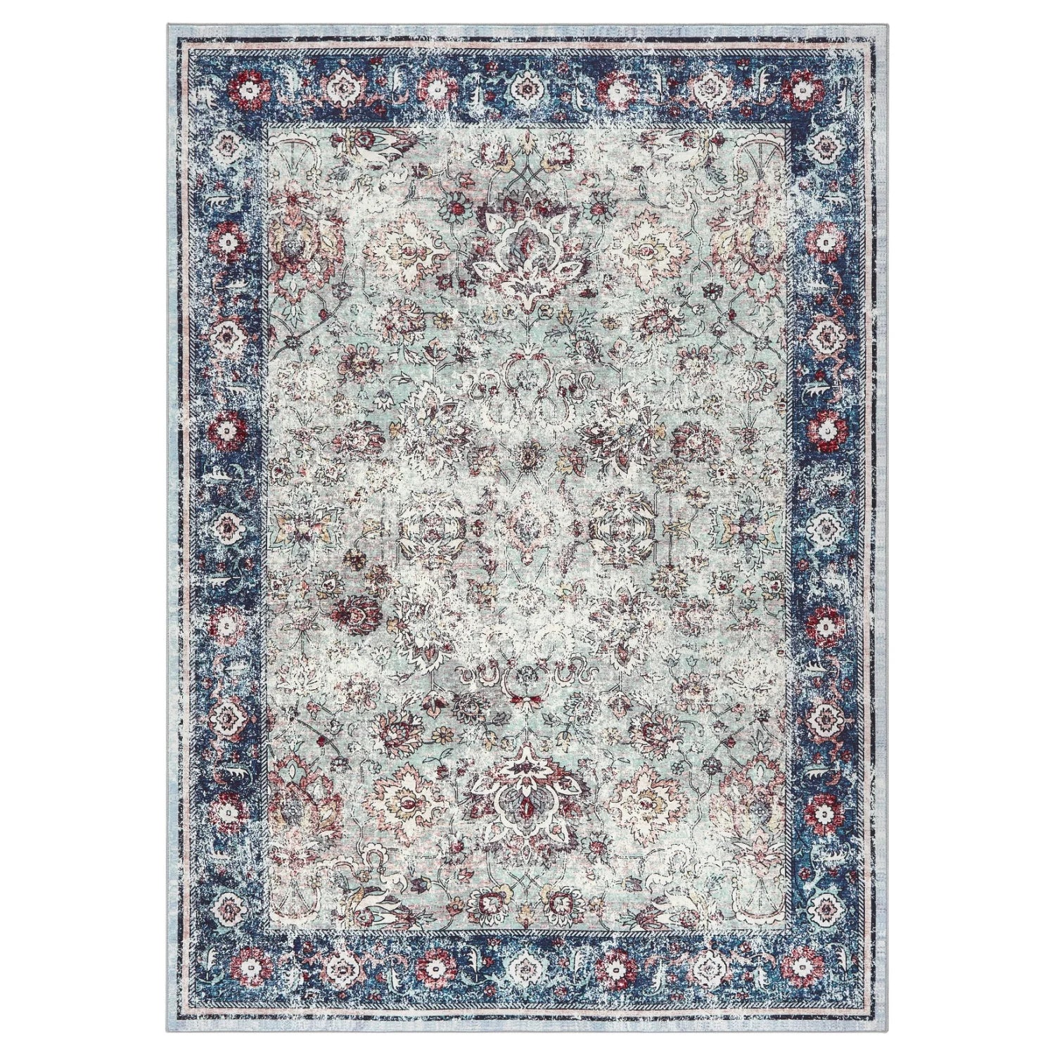 Vintage Retro Washable Area Rug with Distressed Floral Pattern