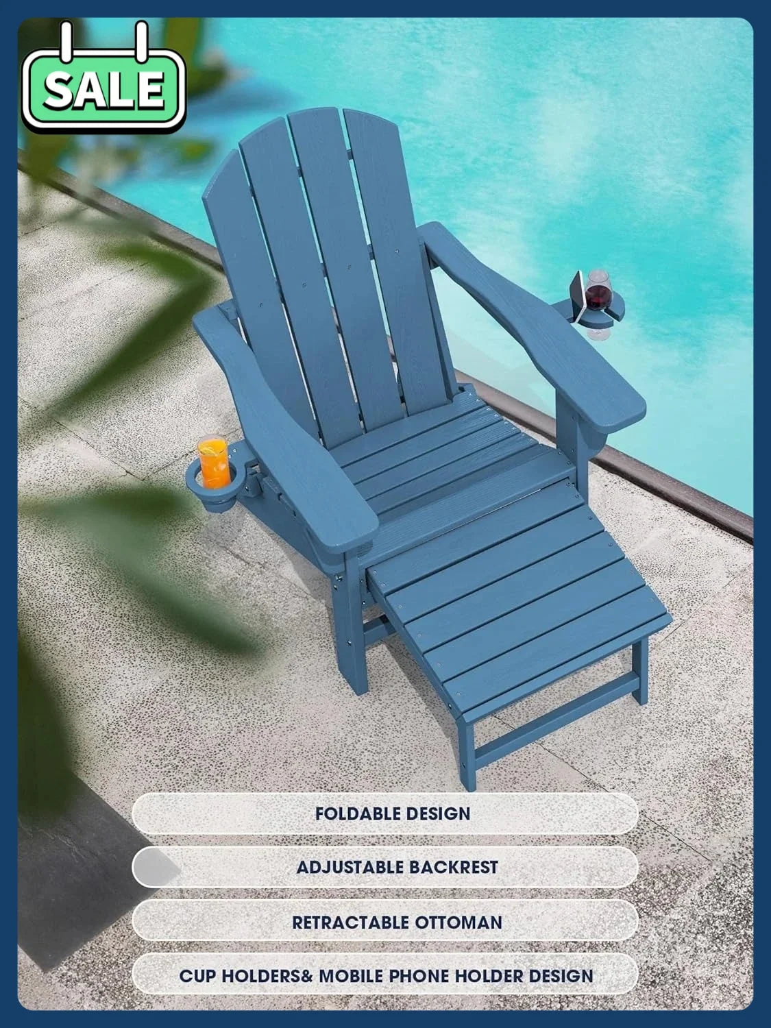 Folding Adjustable Adirondack Chairs with Ottoman & 2 Cup Holders