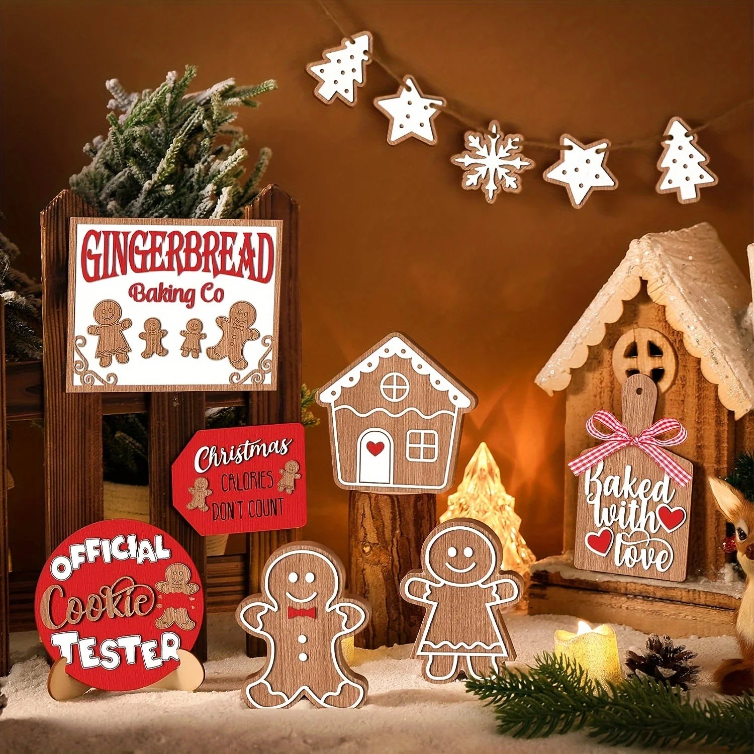 12-Piece Wooden Christmas Tray Set: Featuring Colorful Snowmen, Gingerbread, and Santa Signs for Festive Cheer