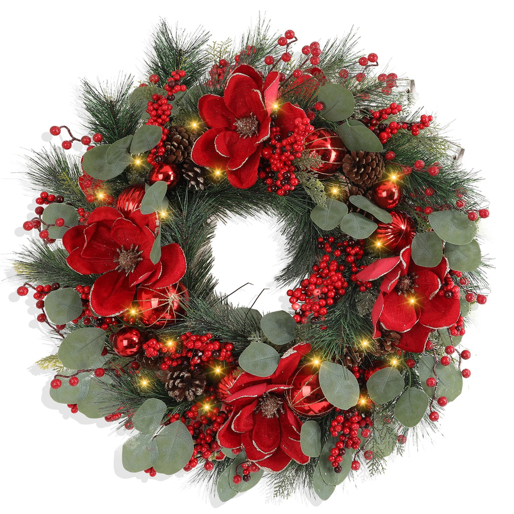 Pre-Decorated 24 Inch Outdoor Christmas Wreath with Artificial Mixed Berry and Poinsettia Design