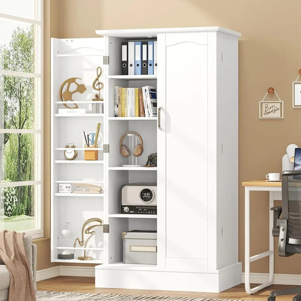 White Freestanding Pantry Cabinet with Doors and Adjustable Shelves