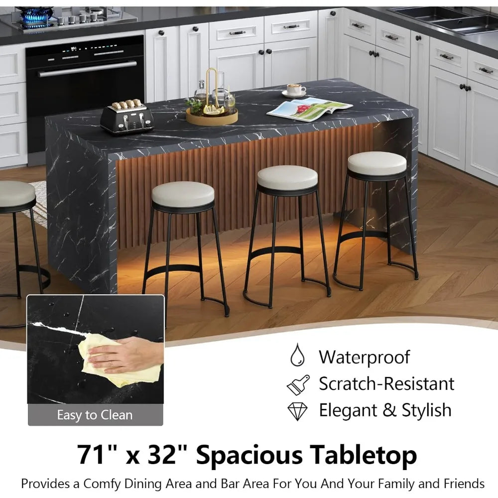 71" Large Dining Table for 4-6 People, Island Table with LED Lights