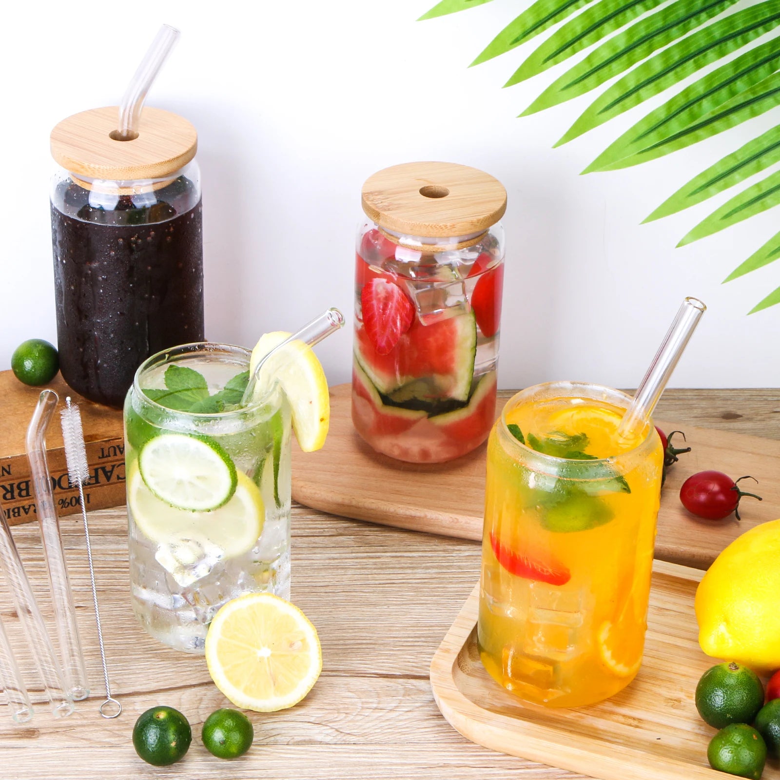 Can Shaped Glasses with Glass Straw, Bamboo Lid, Heat Resistant