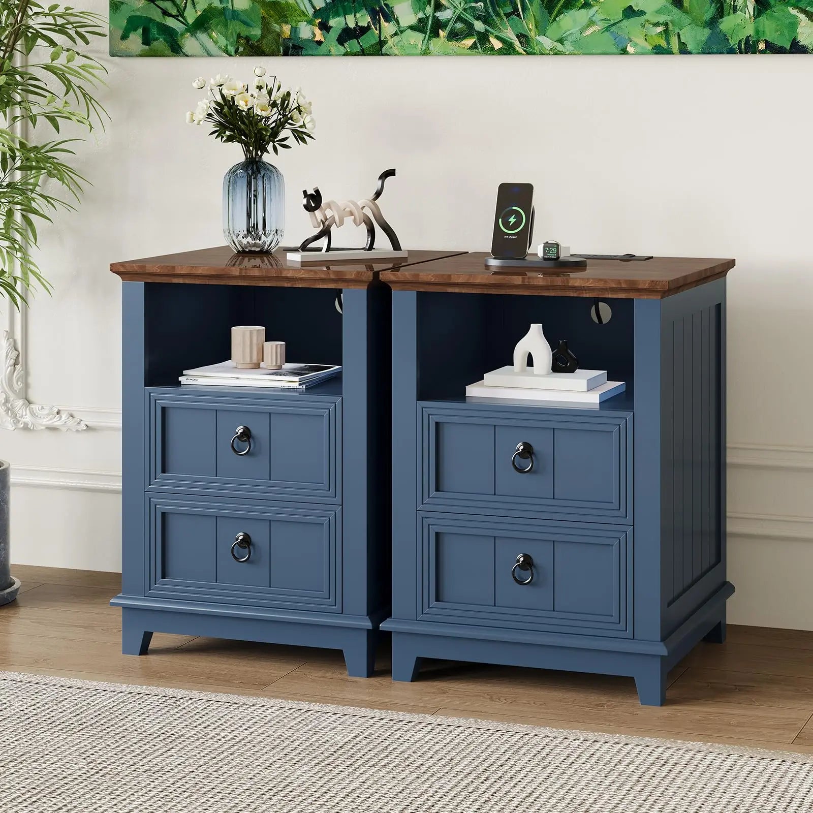 18" Modern Farmhouse Nightstand with Charging Station