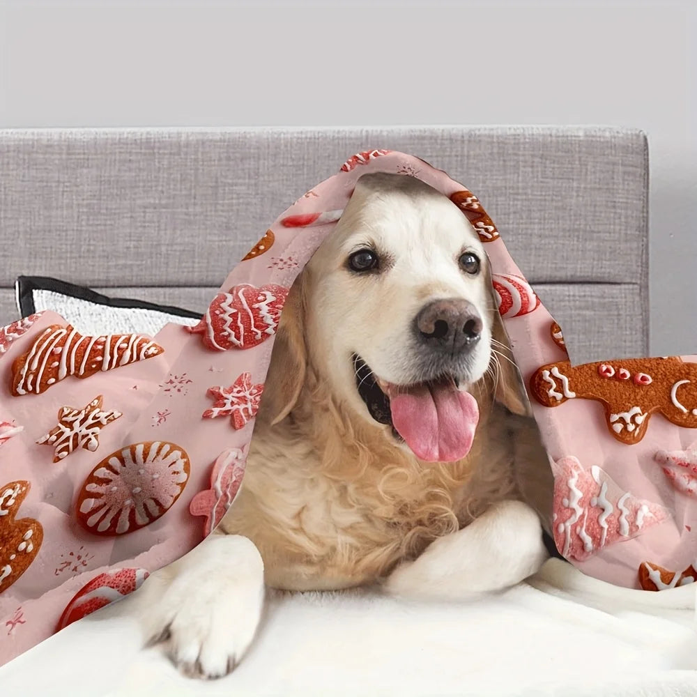 1pc Soft Pink Gingerbread men & Candy stripes Flannel Throw Blanket