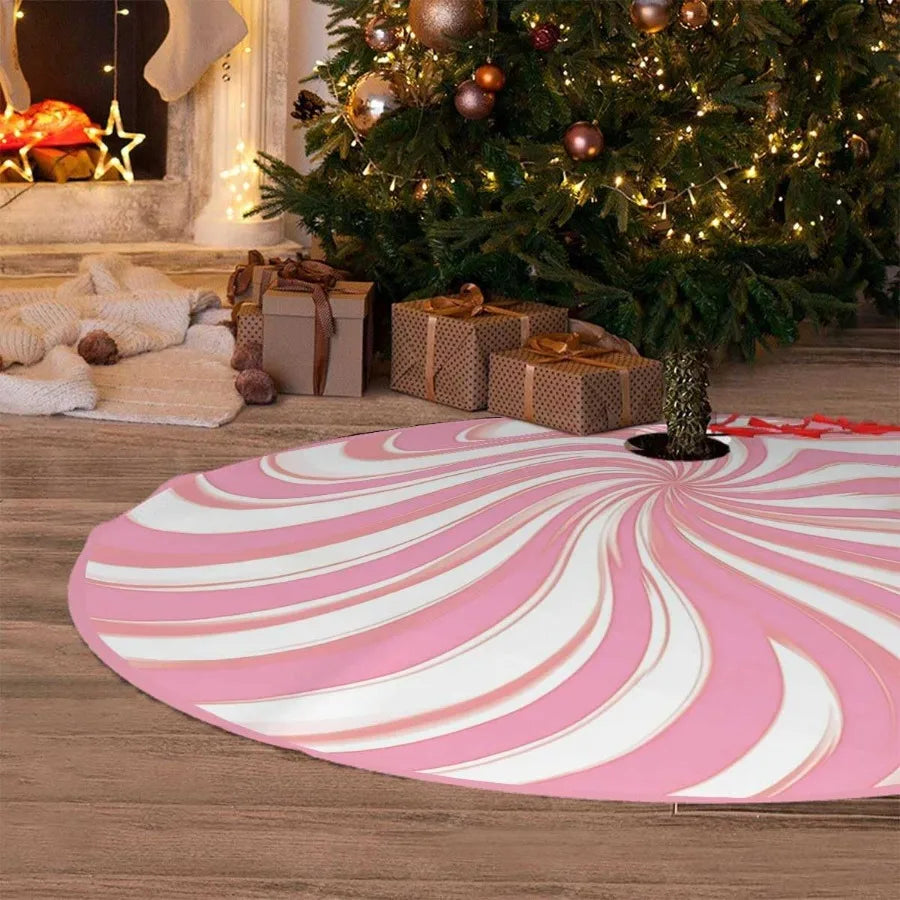 48 Inch Christmas Tree Skirt with  Pink Candy Swirl Stripe Design
