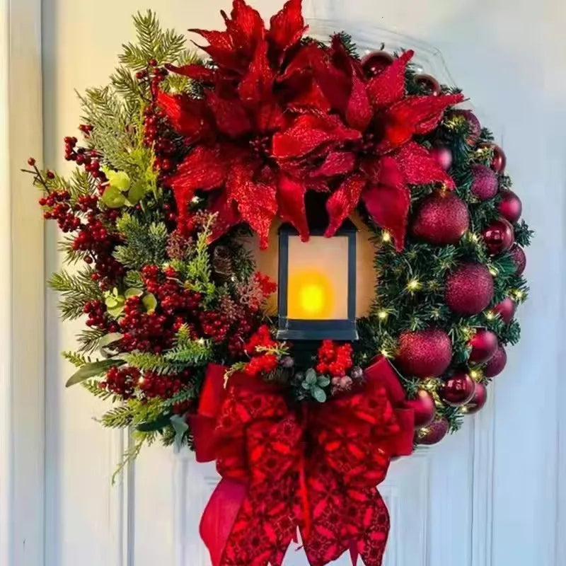 45cm Red Wreath With Lamp with Red Ball and Flower Garland