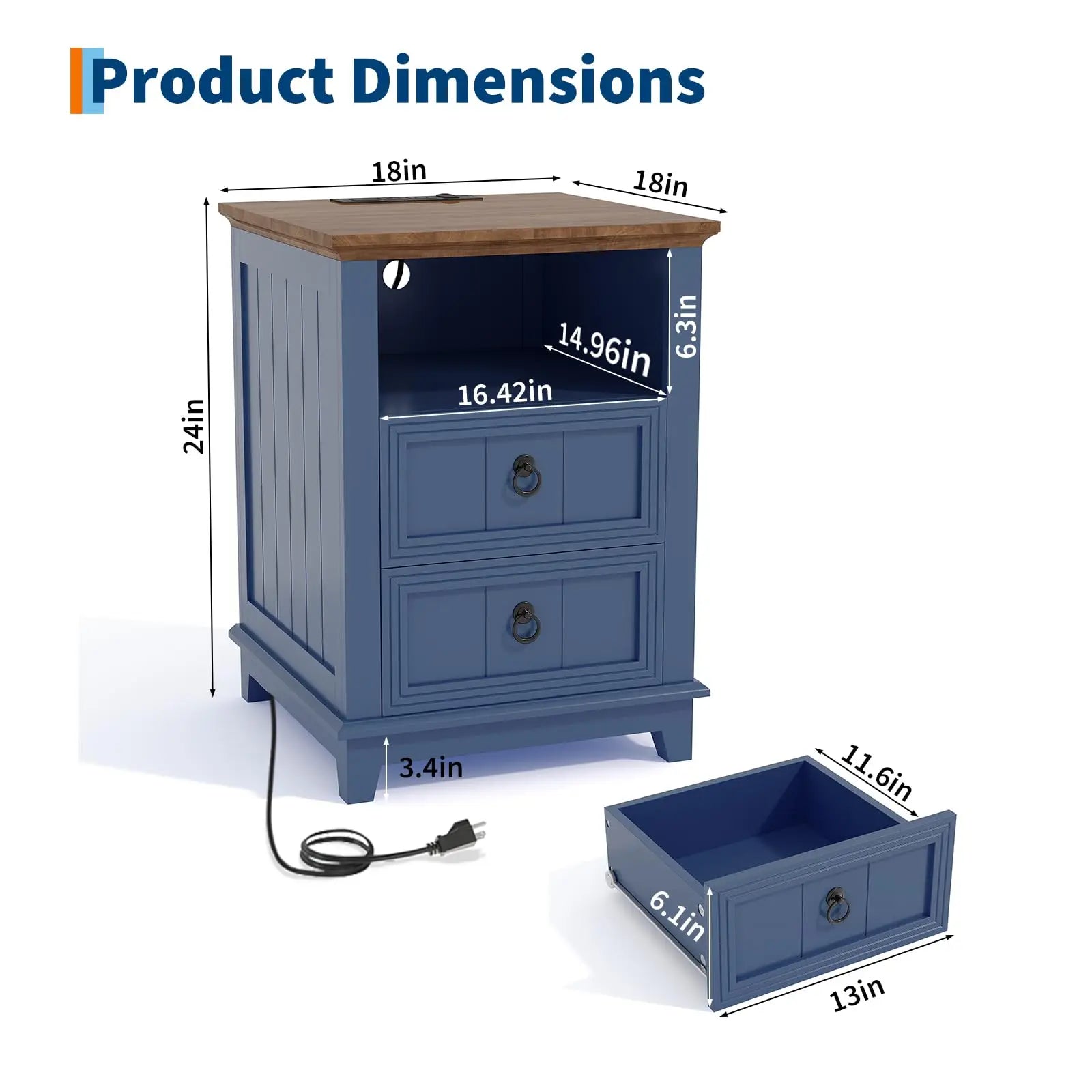 18" Modern Farmhouse Nightstand with Charging Station