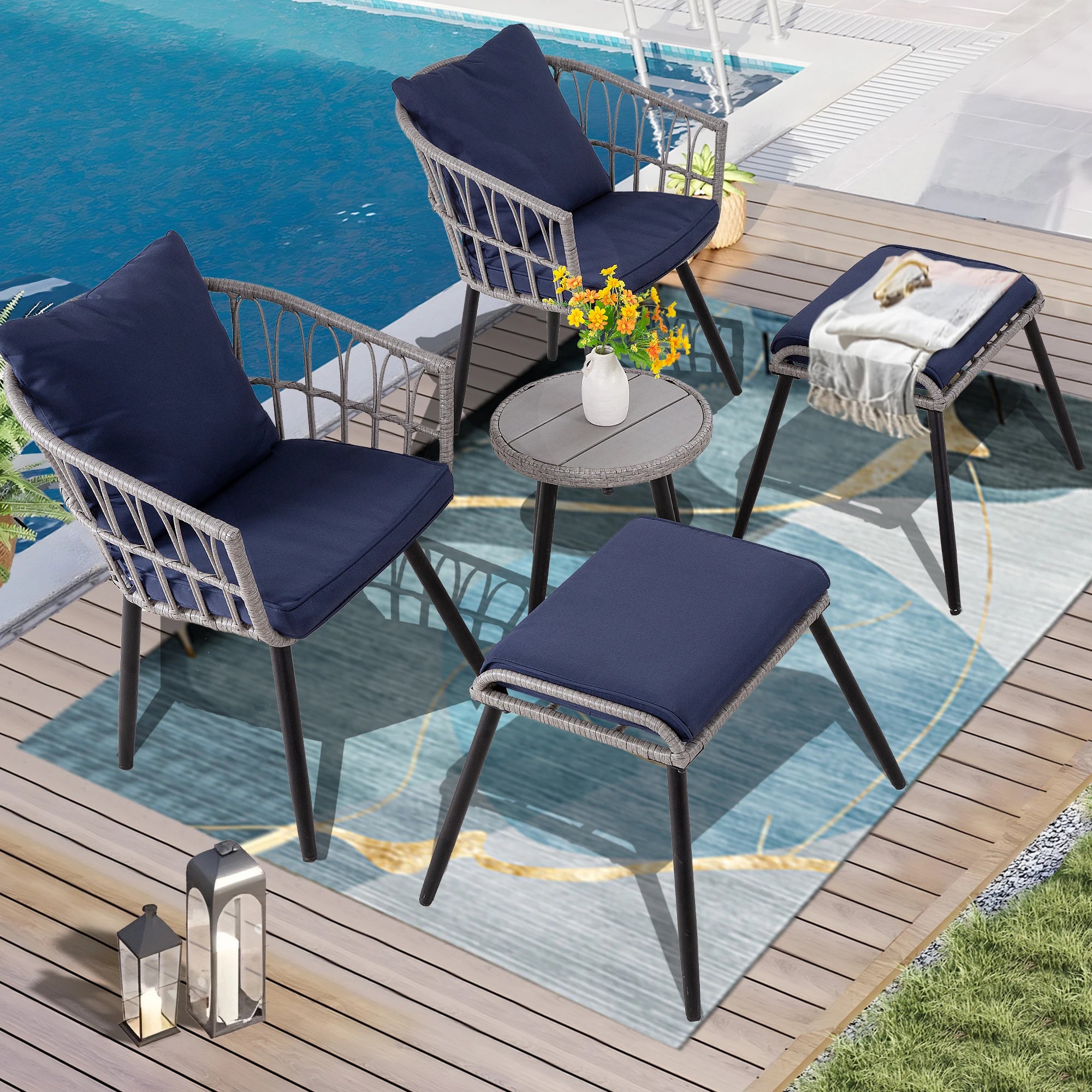 5 Piece Patio Furniture Set, All-Weather PE Rattan Chairs with Ottoman & Coffee Table