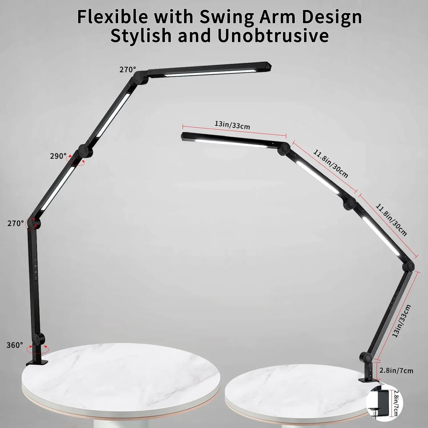 LED Desk Lamp with Clamp Flexible Swing Arm, 4 sections, 3 light sources , 4 Color Modes & 5 Brightness