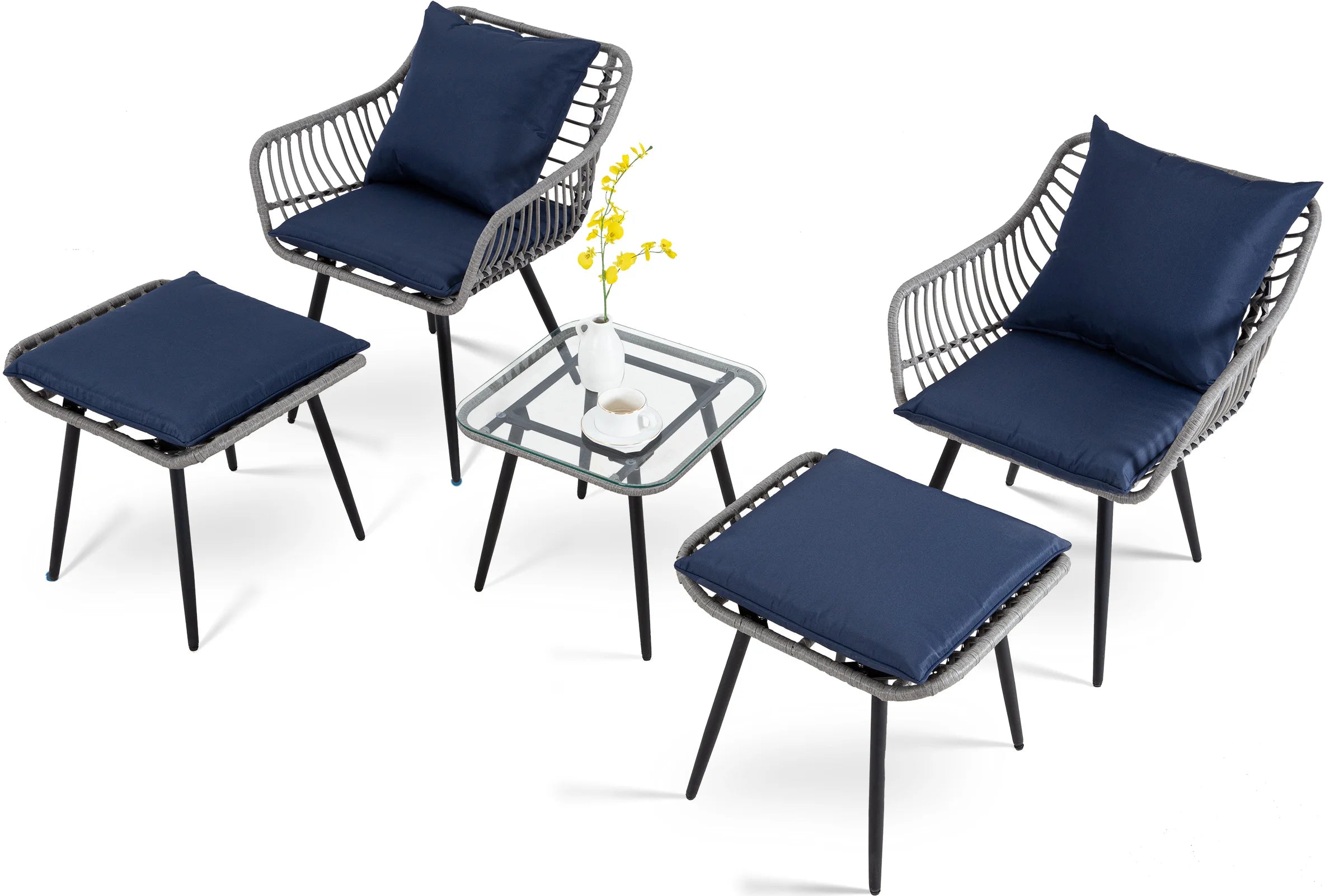 5 Piece Patio Furniture Set, All-Weather PE Rattan Chairs with Ottoman & Coffee Table