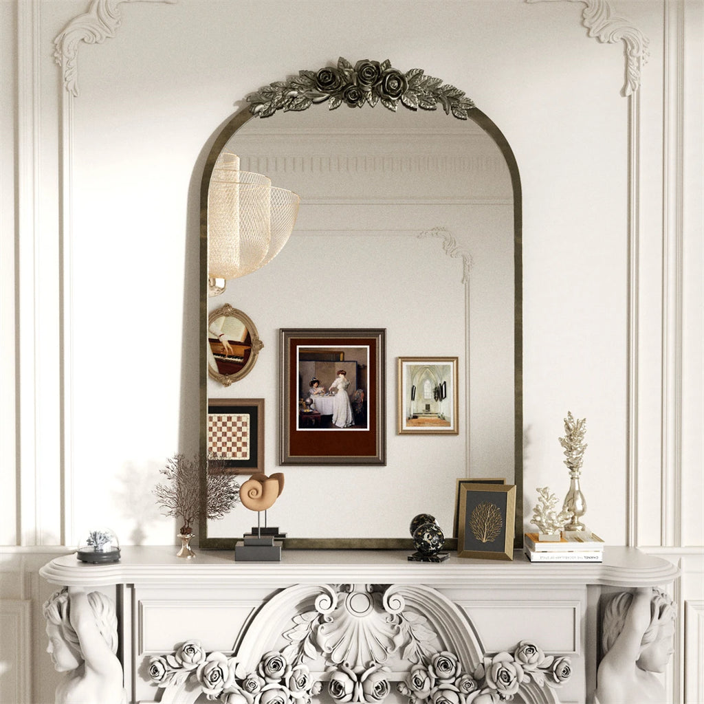 Arched Brass Mirror with Flower Relief Metal Edge Frame