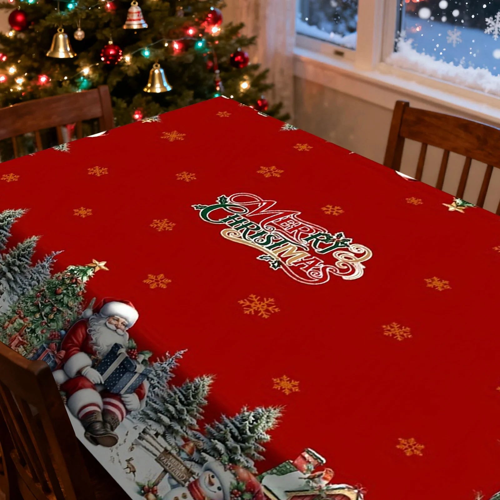 Christmas Tablecloth Featuring Red Snowmen And Christmas Decorations