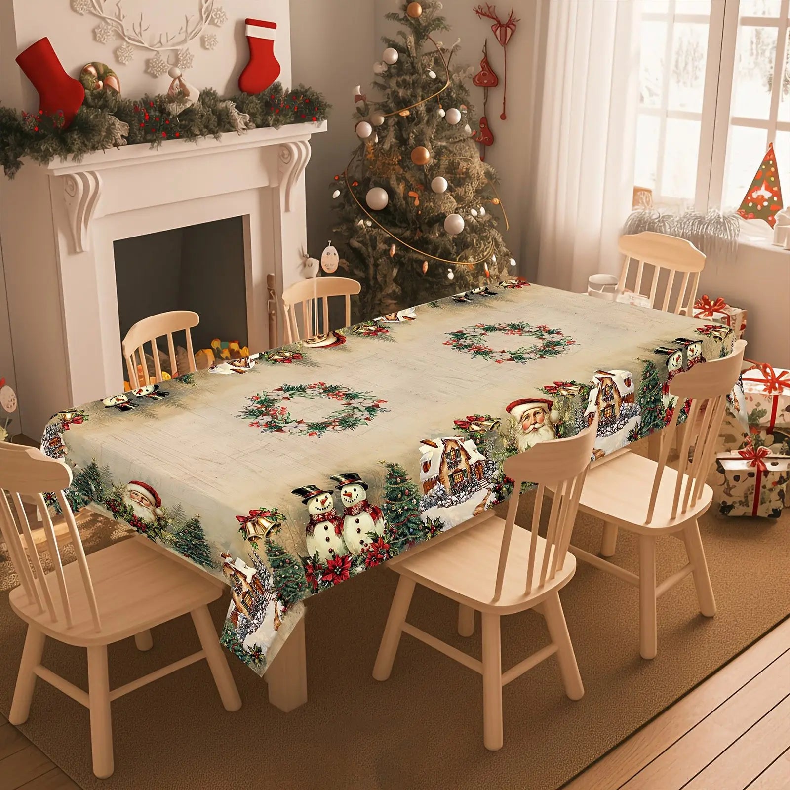 Christmas Tablecloth Featuring Red Snowmen And Christmas Decorations