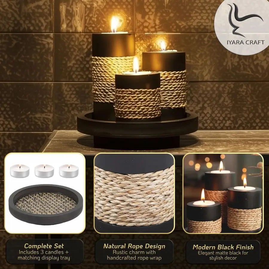 Set of 3 Rustic Black Wooden Tealight Candle Holders with Natural Rope Accent & Tray