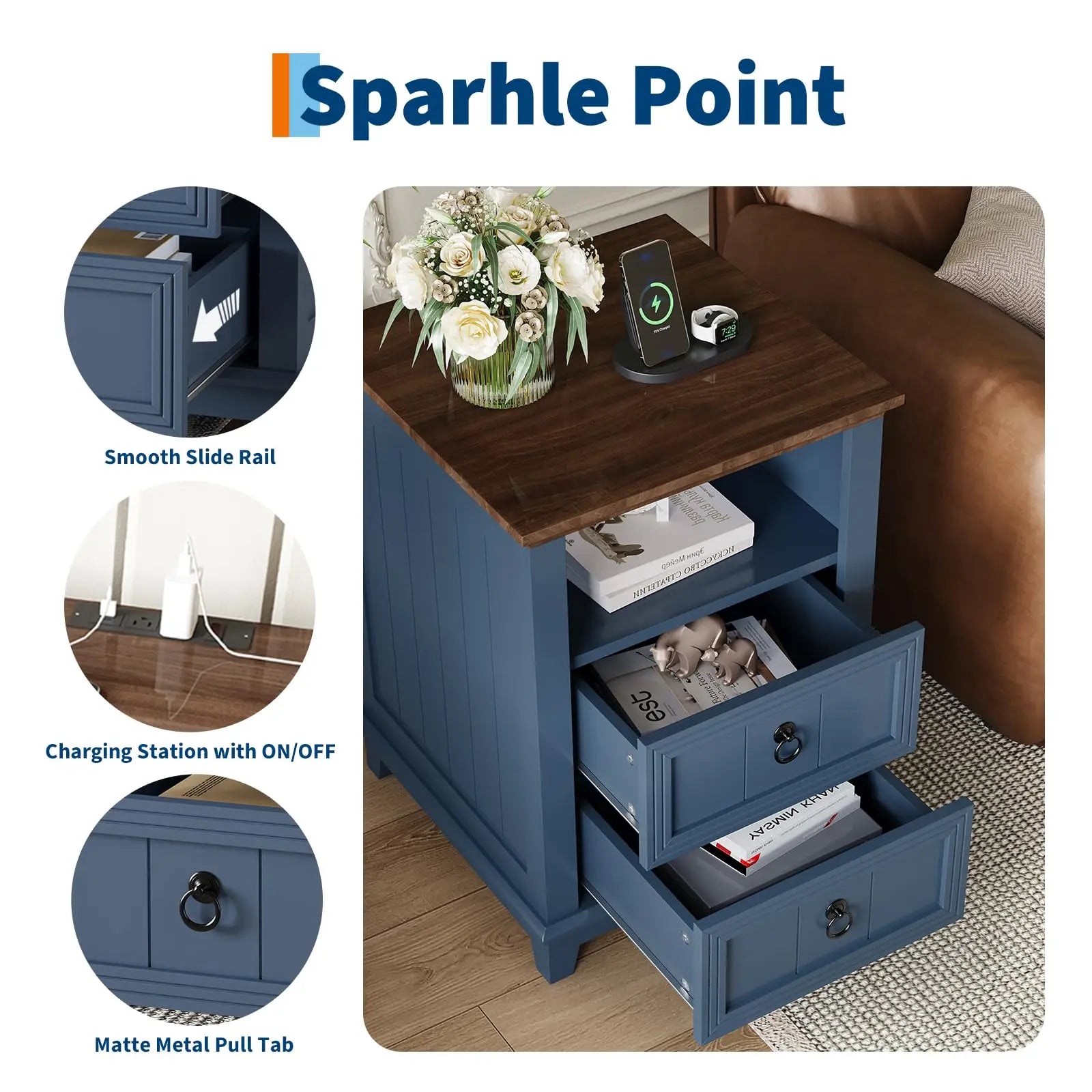 18" Modern Farmhouse Nightstand with Charging Station