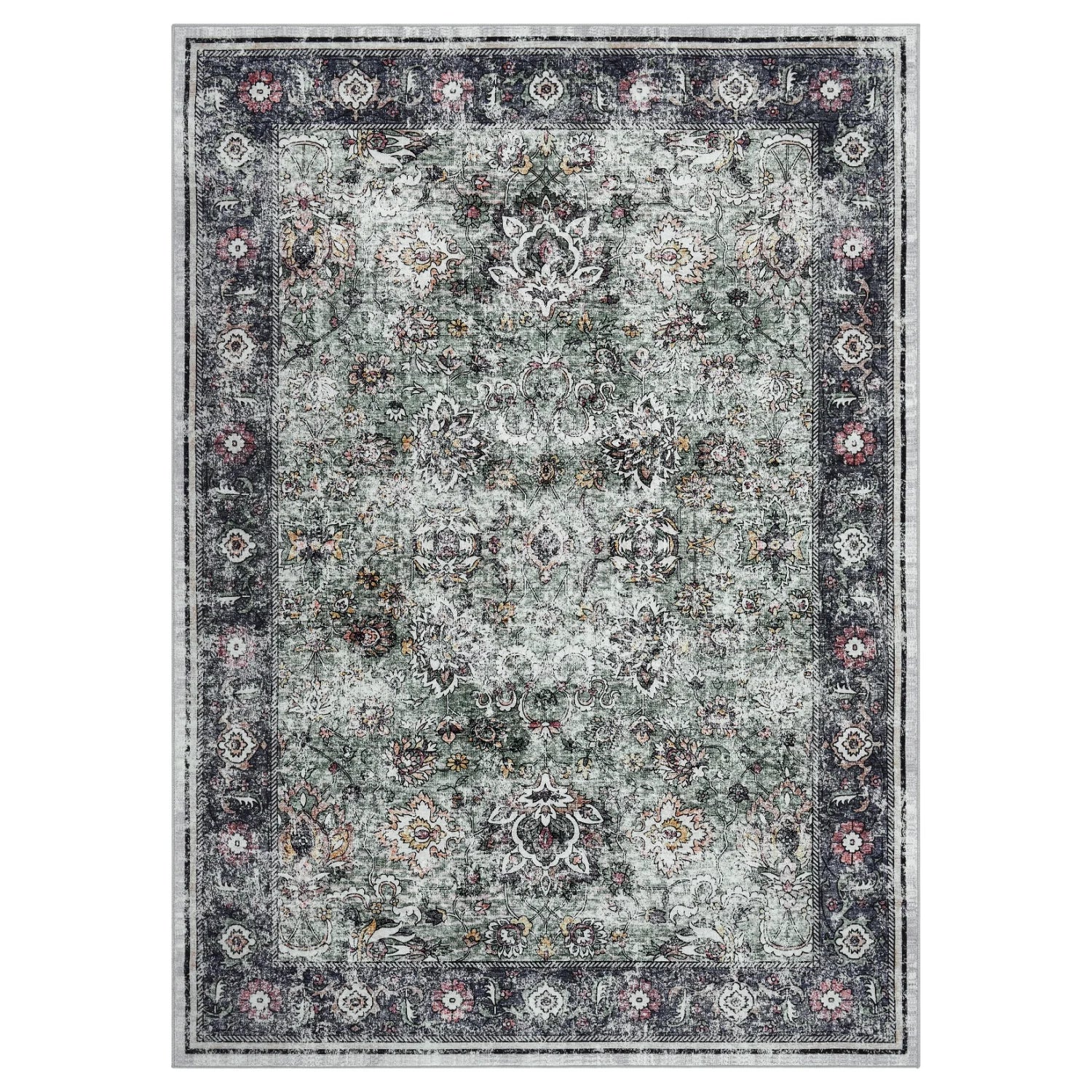 Vintage Retro Washable Area Rug with Distressed Floral Pattern