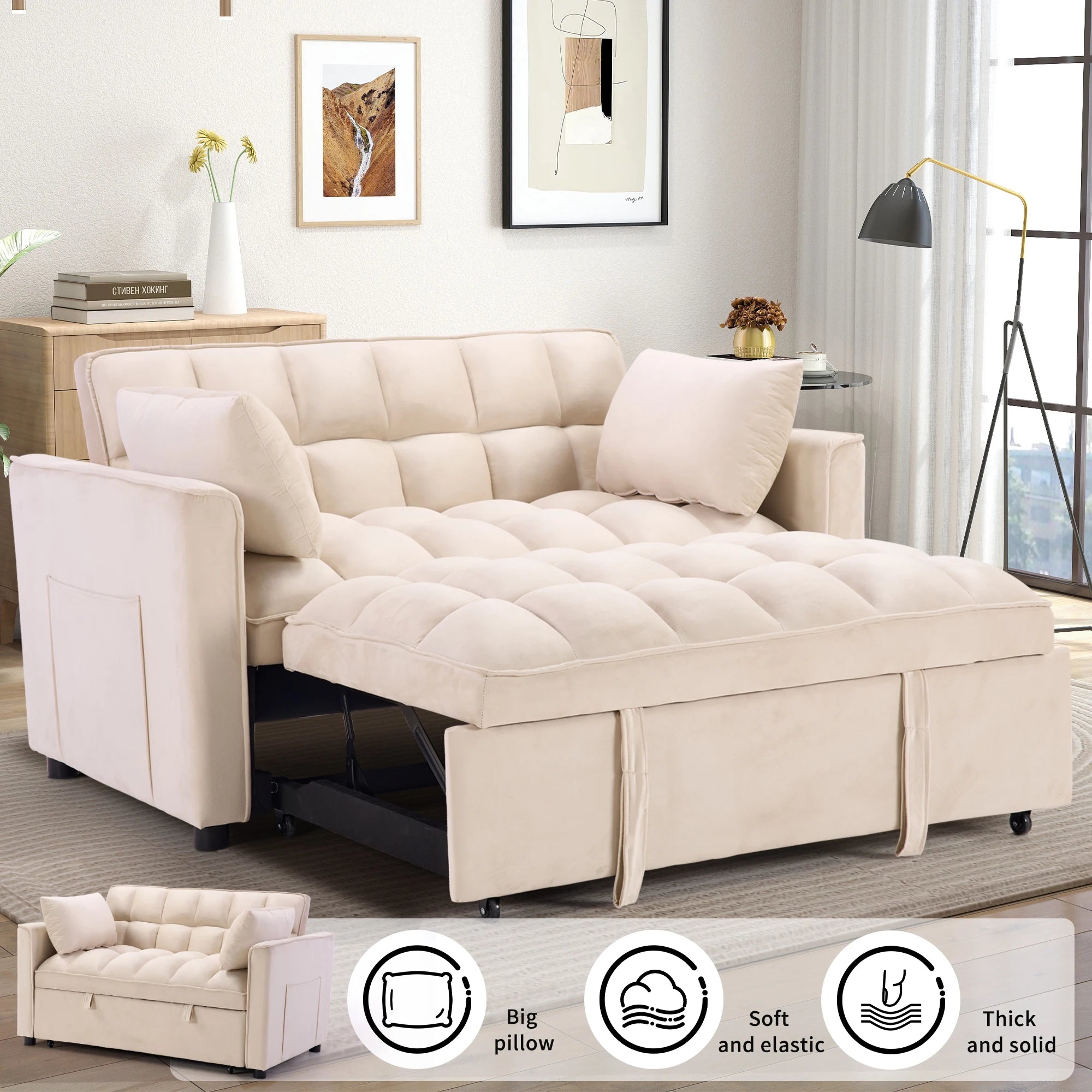 EBELLO 3-In-1 Multifunctional Modern Sofa Bed with Pillows