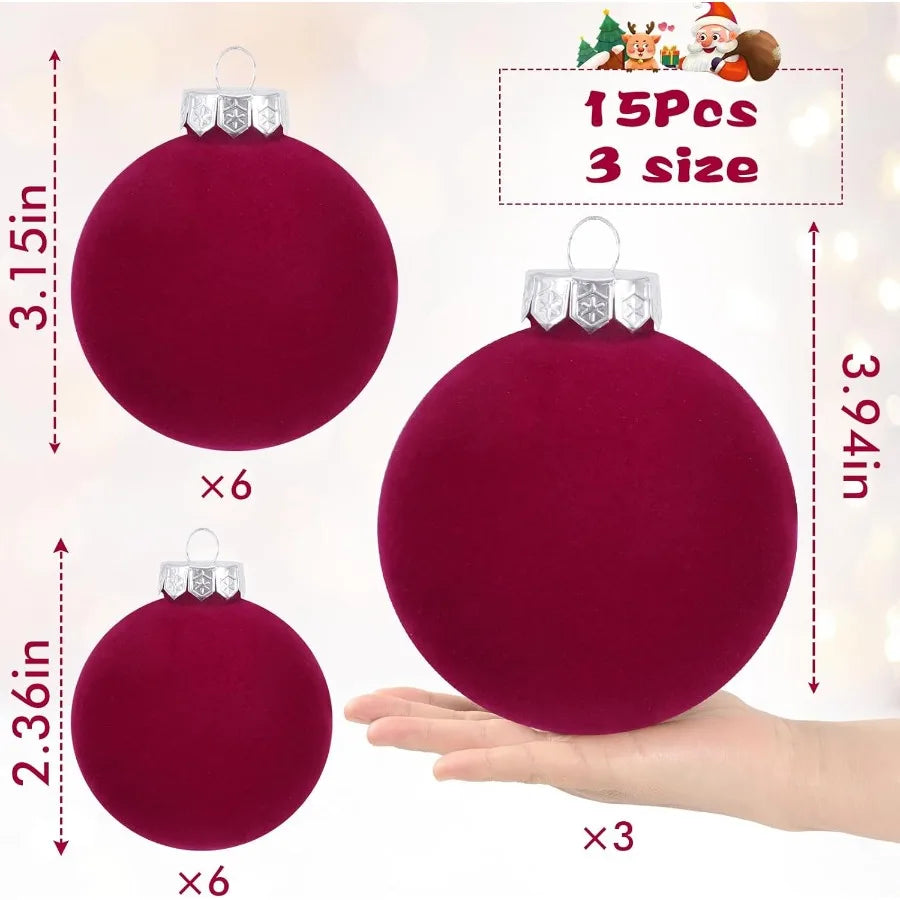 15 Pcs Velvet Christmas Ornaments Balls Set in Brown and Red