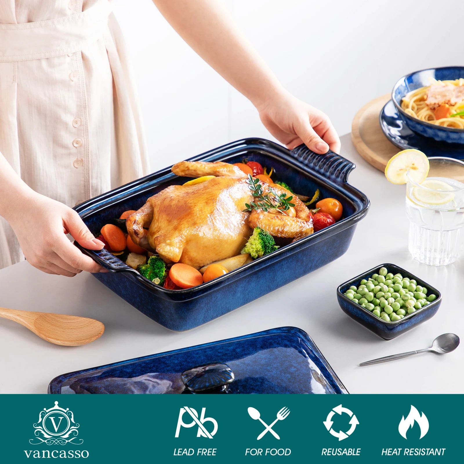 vancasso Starry 3.8/1.9 Quart Blue Casserole Baking Dish large pan with lid Stoneware casserole Microwave