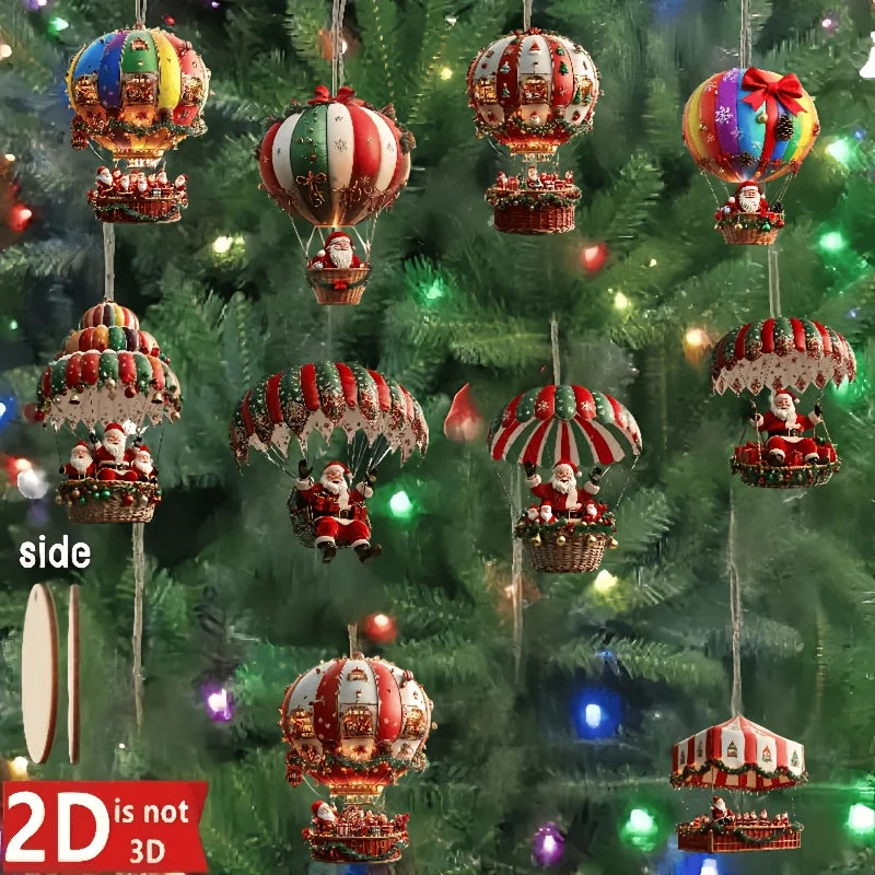 10Pcs 2D Wooden Hot Air Balloon Santa Claus  Pendant Christmas Tree Decoration