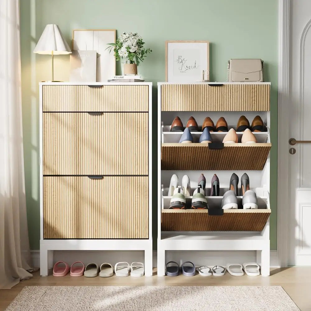 Freestanding Farmhouse Fluted Shoe Storage Cabinet Hidden Slim with 2 Flip Drawers and  Metal Legs
