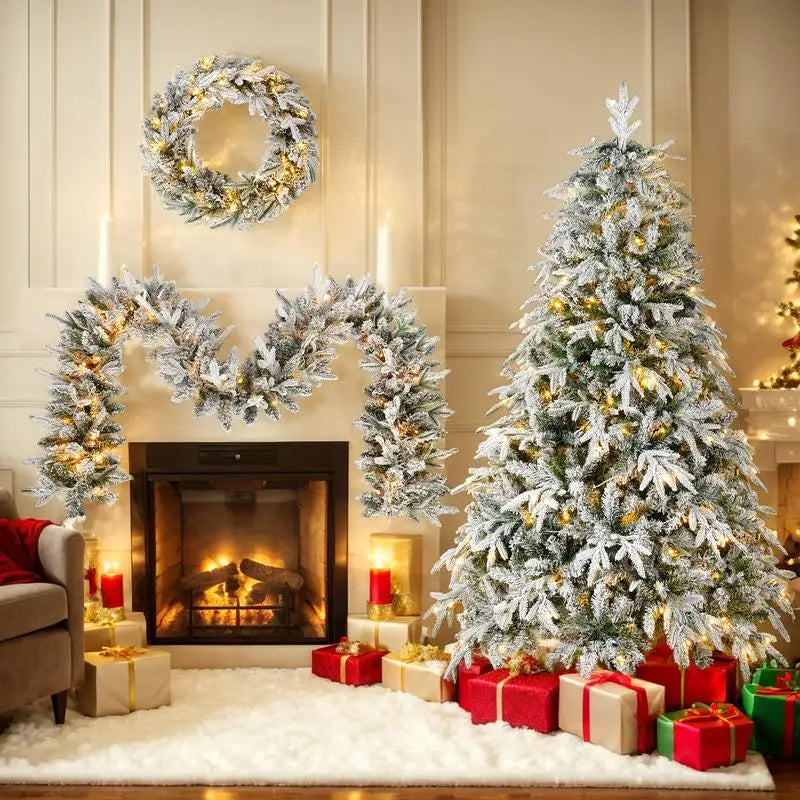 Snow Flocked Christmas Wreath, Garland, and Tree Set with Warm LED Lights