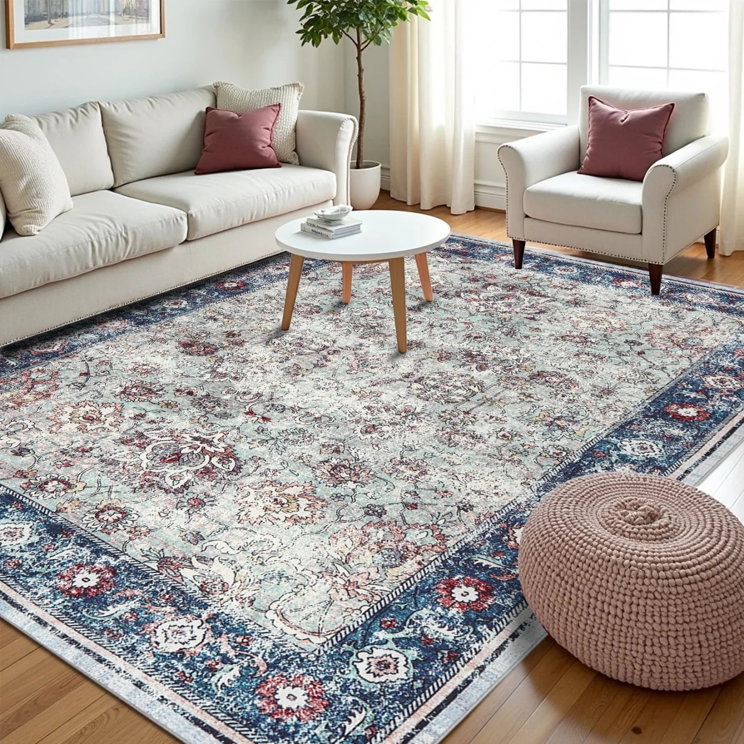 Vintage Retro Washable Area Rug with Distressed Floral Pattern