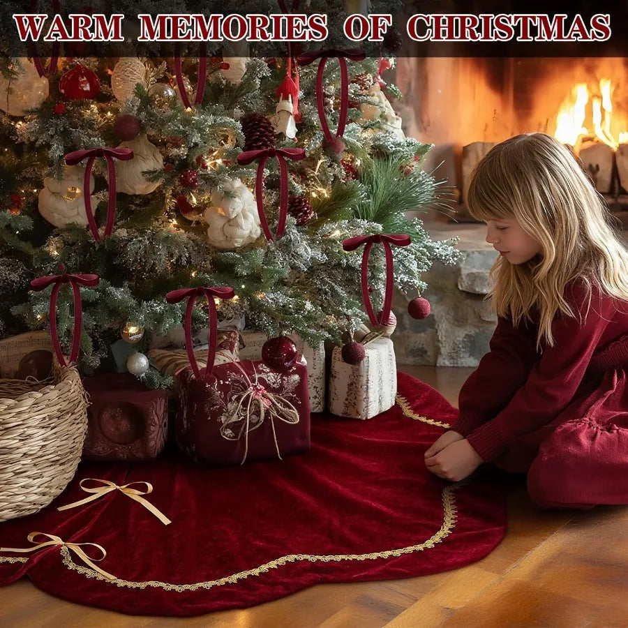 48 Inches Luxury Velvet  Scallop Christmas Tree Skirt with Sparking Gold Lace Trim