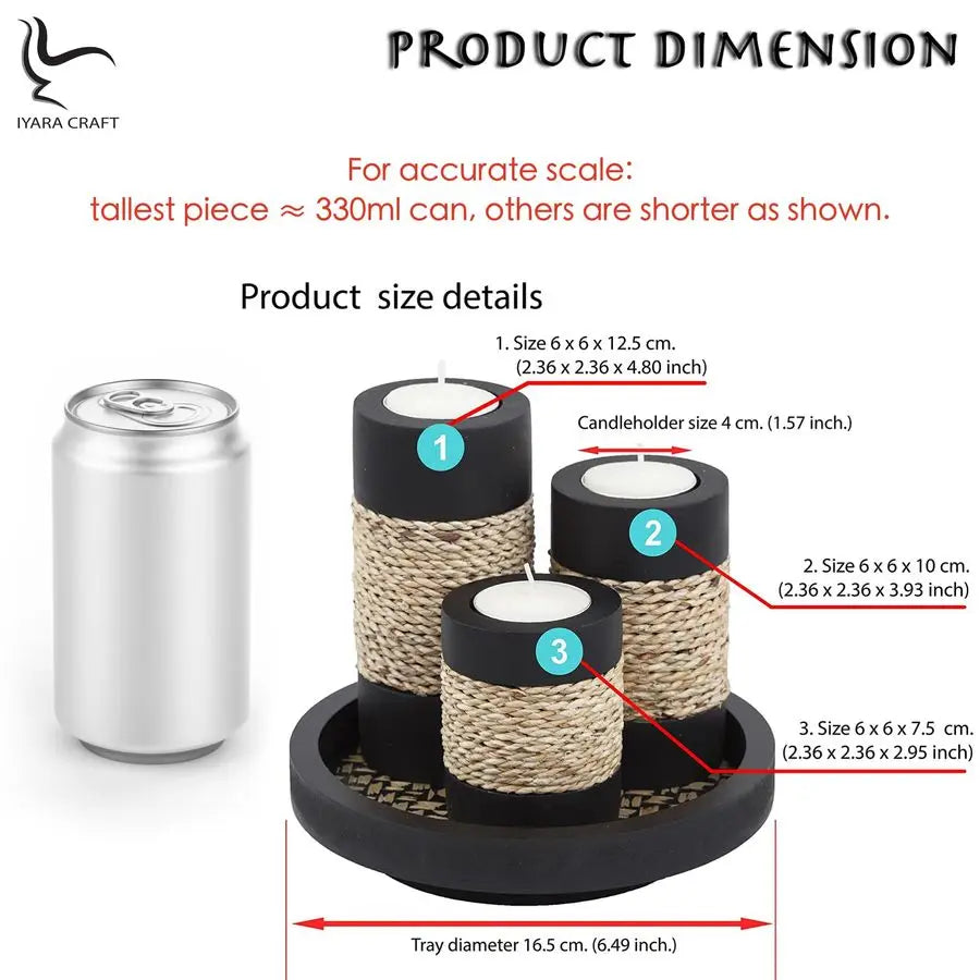 Set of 3 Rustic Black Wooden Tealight Candle Holders with Natural Rope Accent & Tray