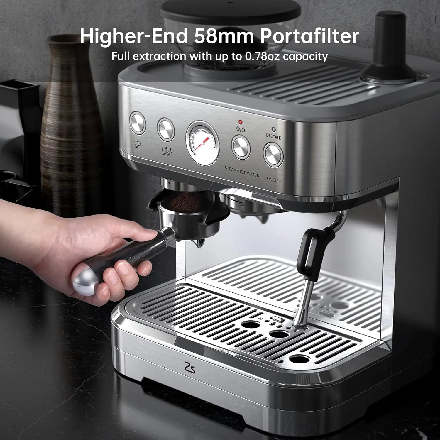Stainless Steel Coffee Machine/Cappuccino Latte Maker  with Milk Frother& Grinder