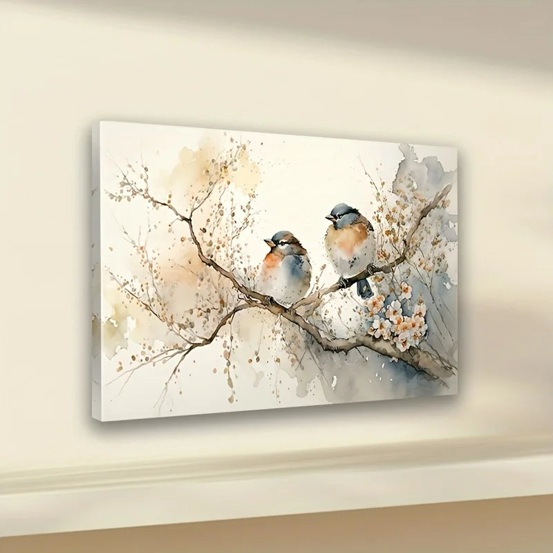 Framed colorful abstract birds and blooming tree watercolor canvas