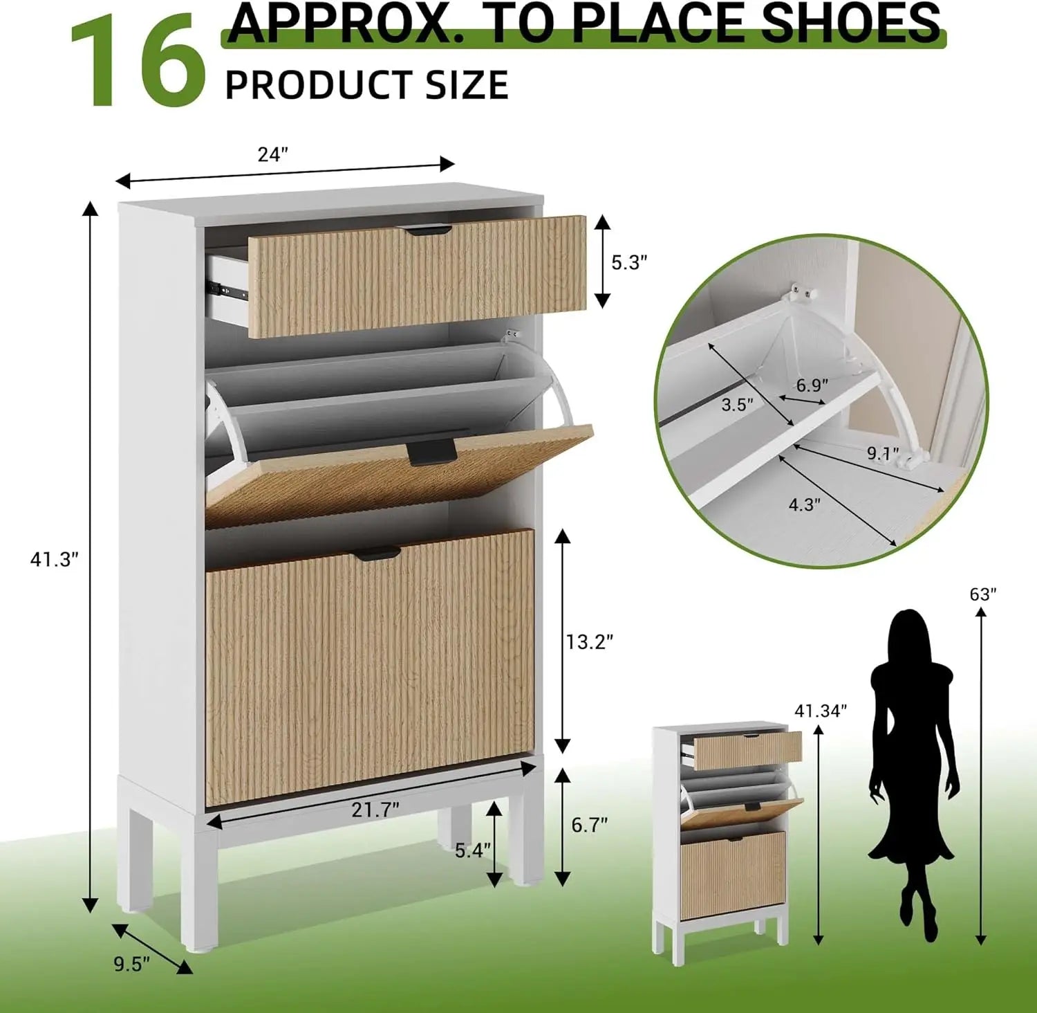 Freestanding Farmhouse Fluted Shoe Storage Cabinet Hidden Slim with 2 Flip Drawers and  Metal Legs