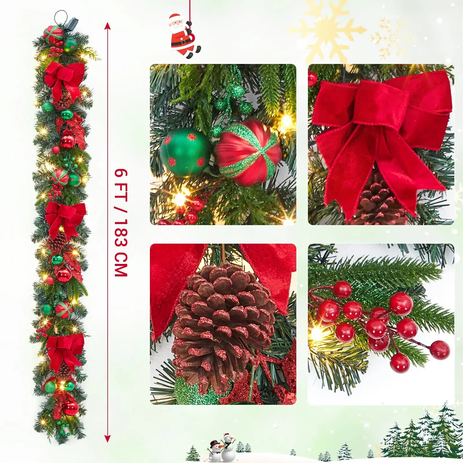 6 Feet Battery Operated Christmas Garland with Lights for Mantle